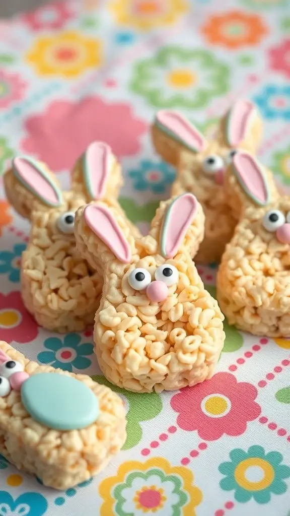 Bunny-shaped Rice Krispie treats decorated with candy on a colorful floral background.