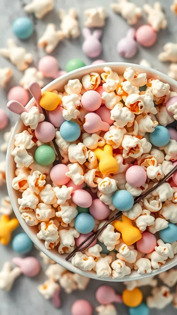 A colorful bowl of Easter Bunny Popcorn Mix with popcorn, pastel candies, and bunny-shaped treats.