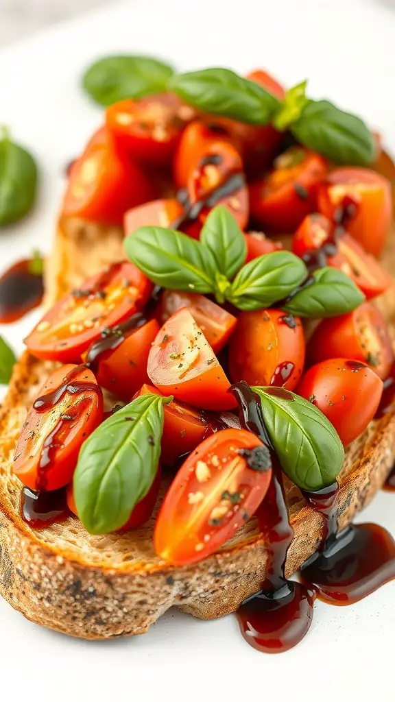A close-up of bruschetta topped with cherry tomatoes and basil on toasted bread.
