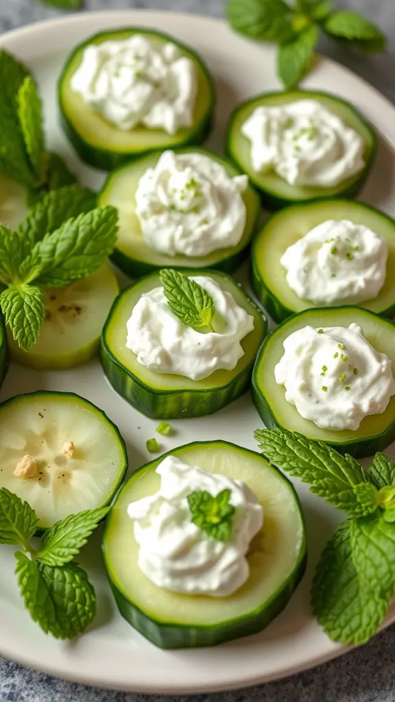 A plate of cucumber and mint canapés topped with cream cheese and mint leaves.