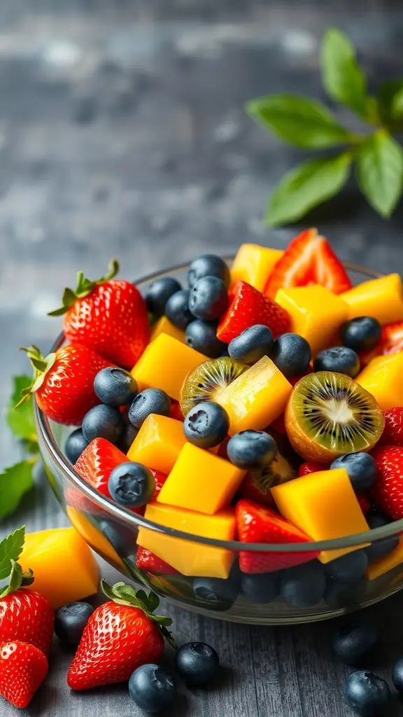 A colorful bowl of rainbow fruit salad with strawberries, blueberries, mango, and kiwi.