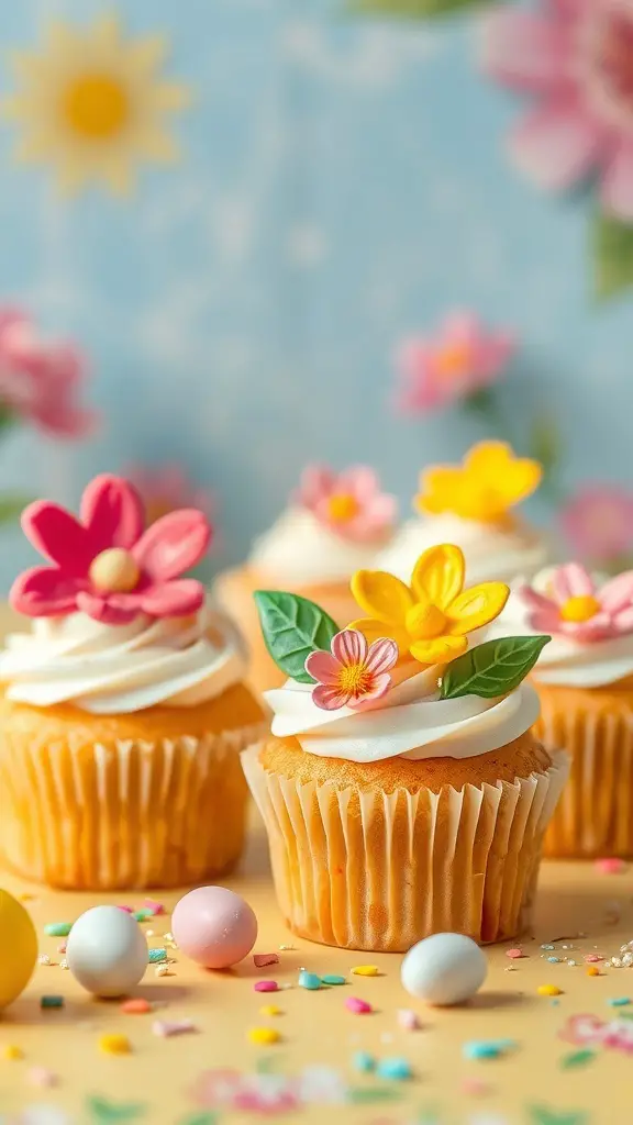 Colorful spring flower cupcakes with fondant decorations