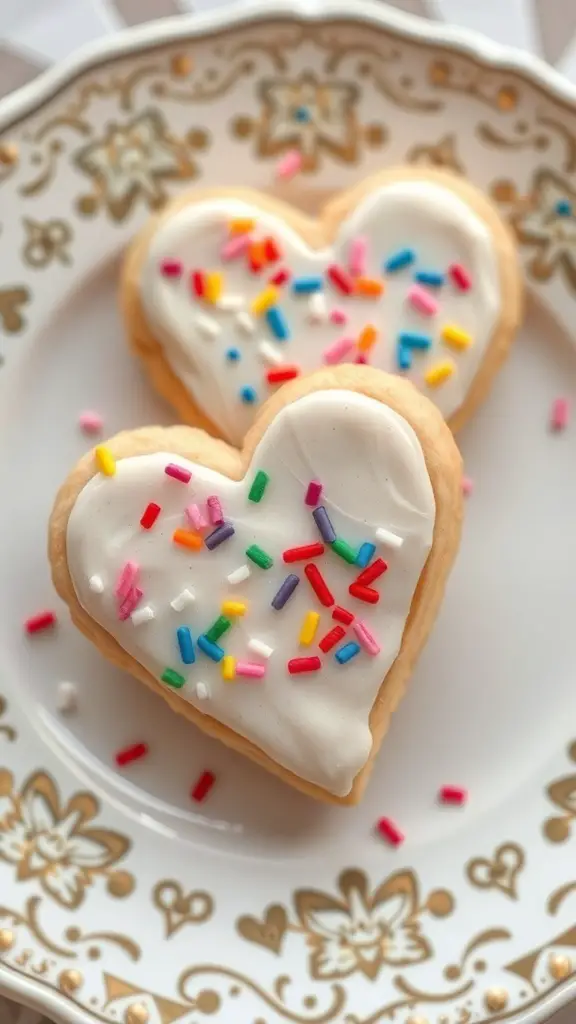Two heart-shaped sugar cookie sandwiches with frosting and colorful sprinkles on a decorative plate.