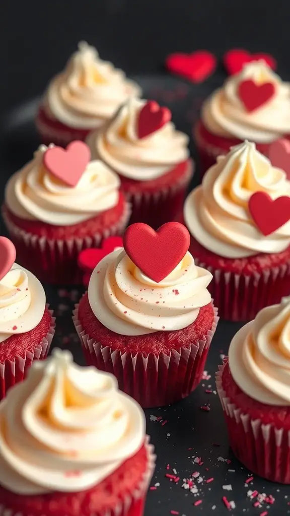 Delicious red velvet cupcakes topped with cream cheese frosting and heart decorations