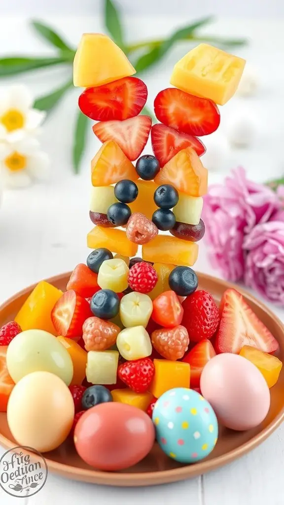 A colorful arrangement of fruit skewers shaped like a bunny, surrounded by pastel-colored eggs.