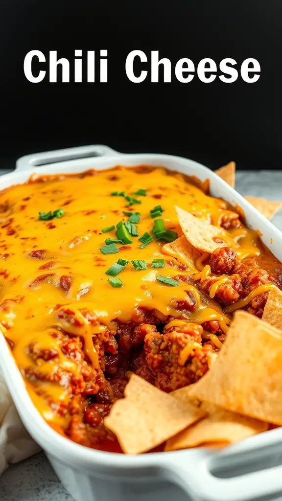 A delicious chili cheese dip topped with melted cheese and green onions, served with tortilla chips.