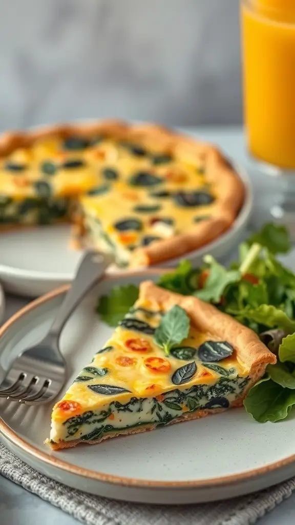 A slice of spinach and feta quiche on a plate with a side salad and a glass of orange juice.