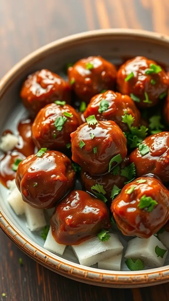A bowl of savory meatballs coated in BBQ sauce, garnished with fresh herbs.