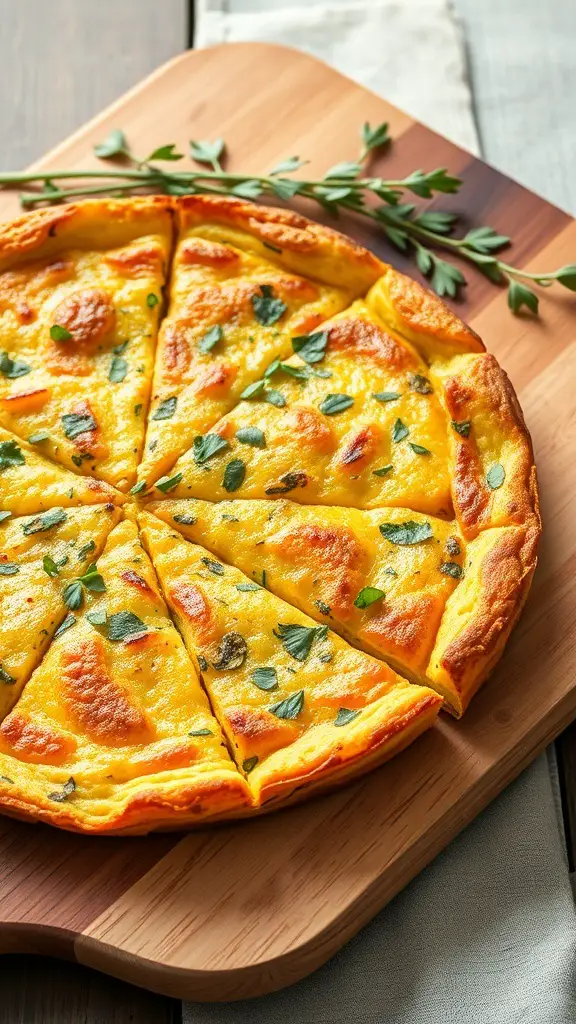 A sliced savory herb frittata on a wooden board, garnished with fresh herbs.