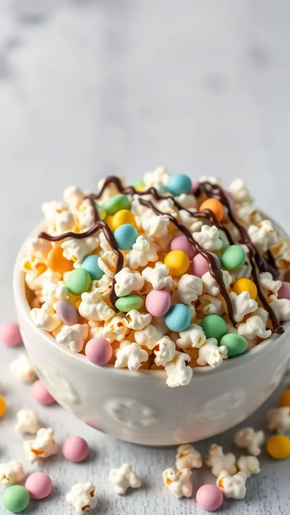 A bowl of Easter-themed popcorn mix with colorful candies and chocolate drizzle.
