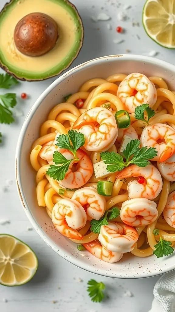 A bowl of shrimp and avocado pasta salad with lime and parsley.