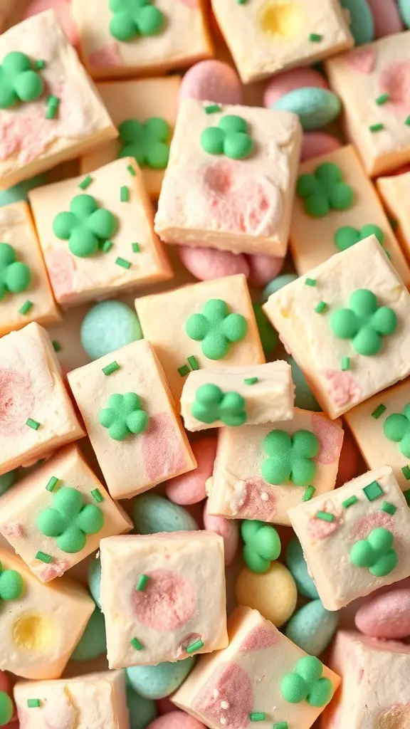 Colorful Lucky Charms marshmallow treats with green decorations.