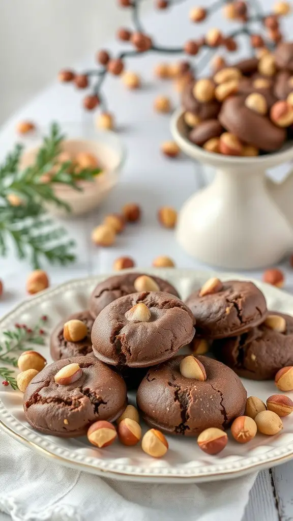 A plate of hazelnut chocolate cookies with whole hazelnuts scattered around.
