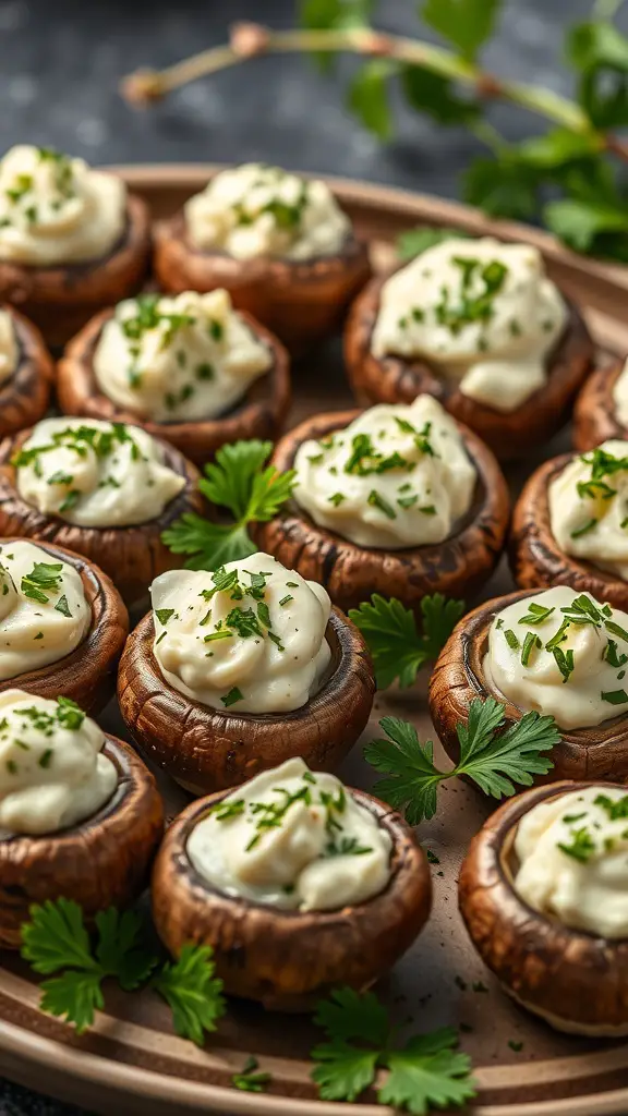 A plate of stuffed mushrooms filled with cream cheese and garnished with herbs.