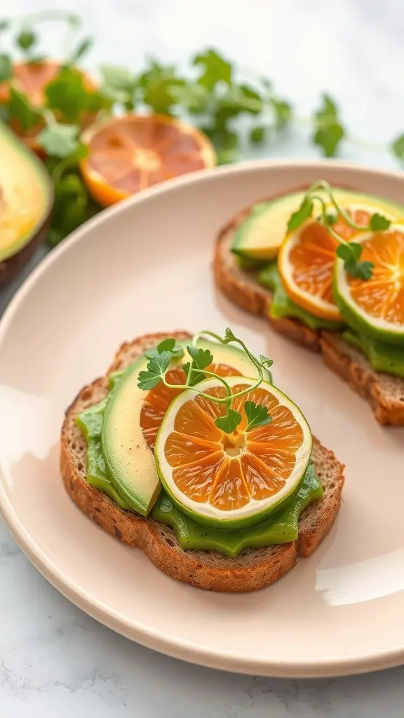 Citrus avocado toast with slices of avocado and citrus on whole grain bread