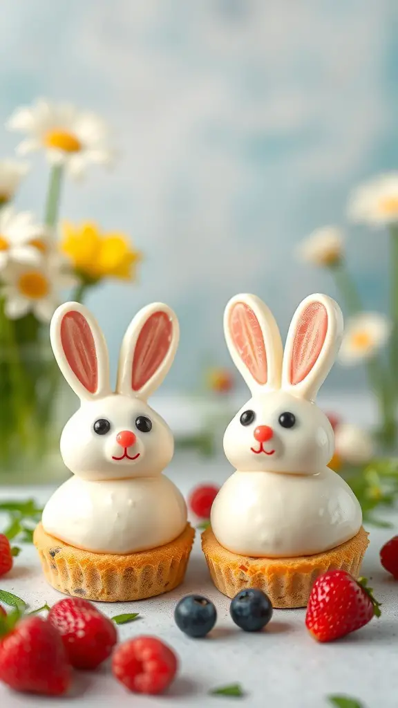 Two mini cheesecake bunnies decorated with chocolate chips and pink candy ears, surrounded by fresh berries.