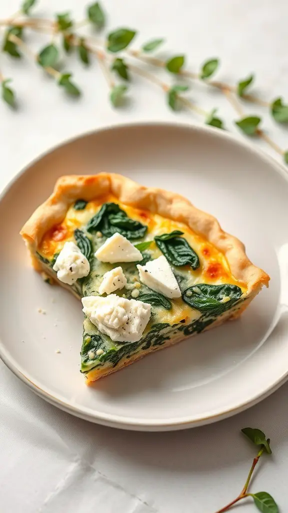 A slice of vegetable quiche with spinach and feta on a plate, garnished with fresh herbs.