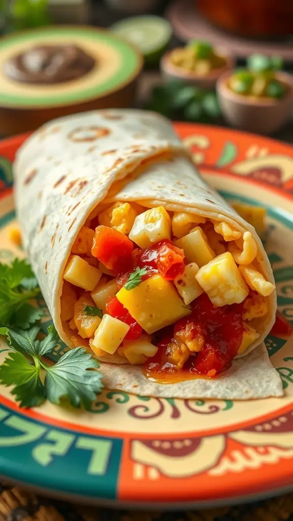 A breakfast burrito filled with eggs, cheese, and salsa on a colorful plate.
