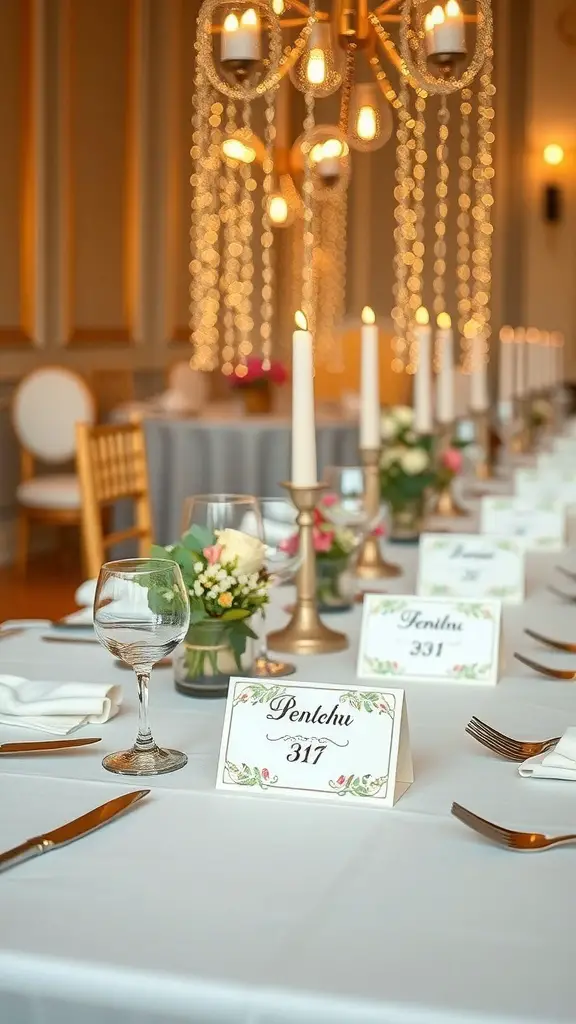 Elegant Easter dinner table setting with creative place cards and floral decorations.