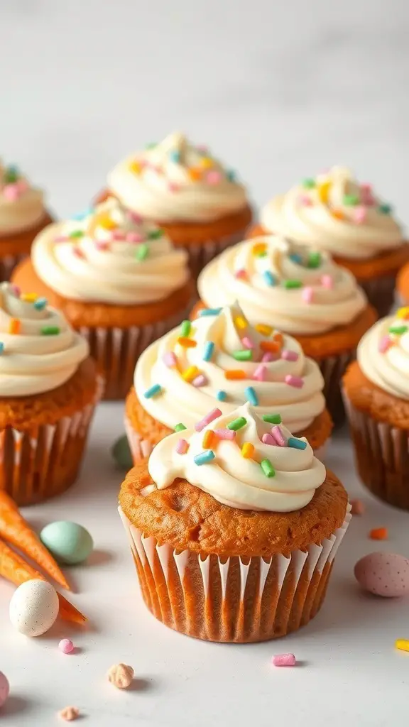 Carrot cake muffins topped with cream cheese frosting and colorful sprinkles