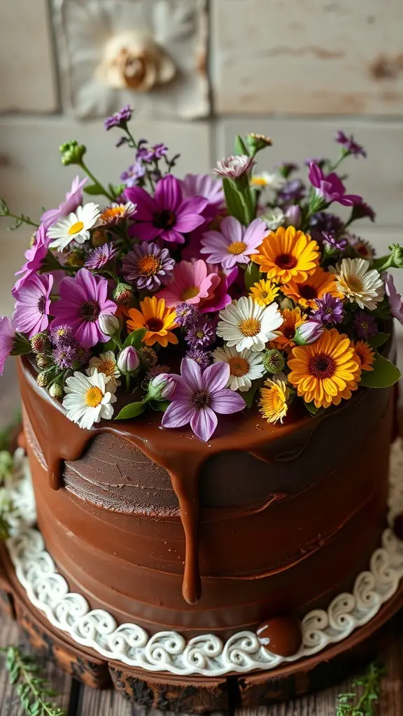 A beautifully decorated chocolate ganache cake topped with colorful wildflowers.