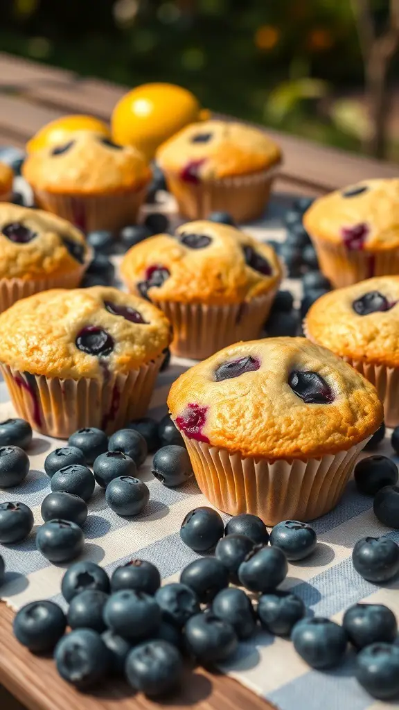 Lemon blueberry muffins with fresh blueberries and lemons on a checkered cloth