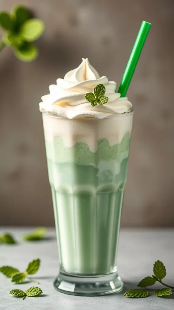 A creamy Shamrock Shake milkshake topped with whipped cream and a mint leaf, served in a tall glass with a green straw.