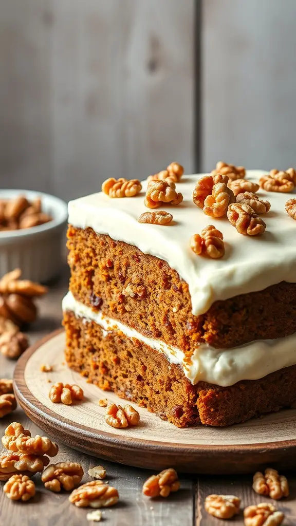 A layered spiced carrot and walnut cake topped with cream cheese frosting and walnuts.