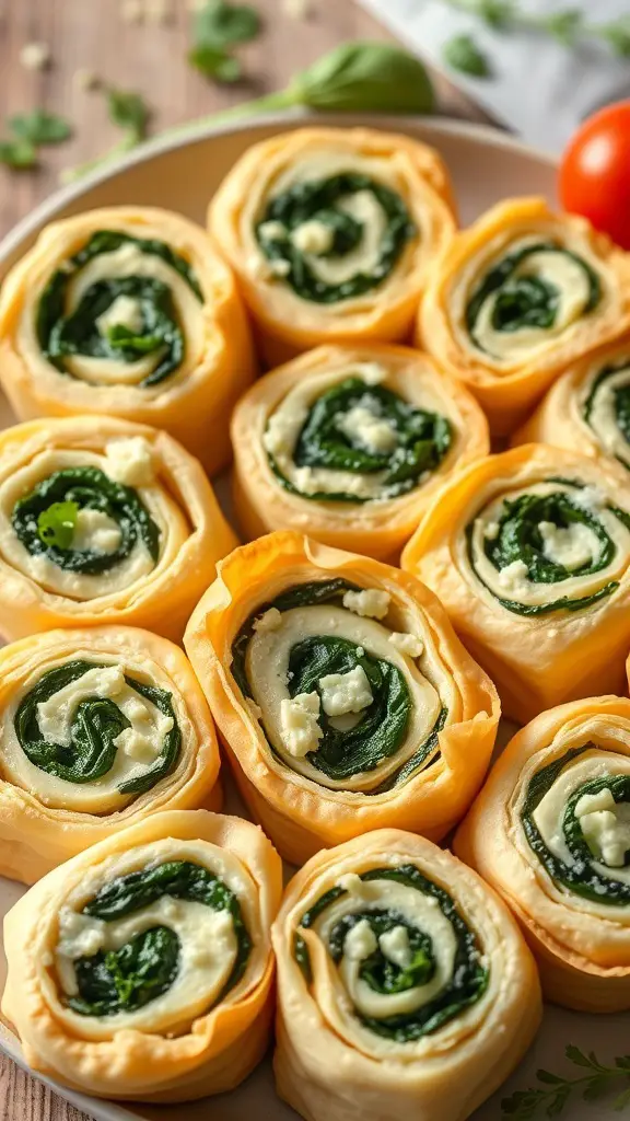 A plate of puff pastry pinwheels filled with spinach and cream cheese, arranged neatly.