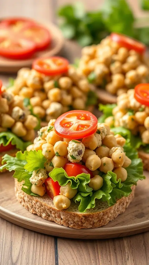 Chickpea salad sandwiches with lettuce and tomato on whole grain bread