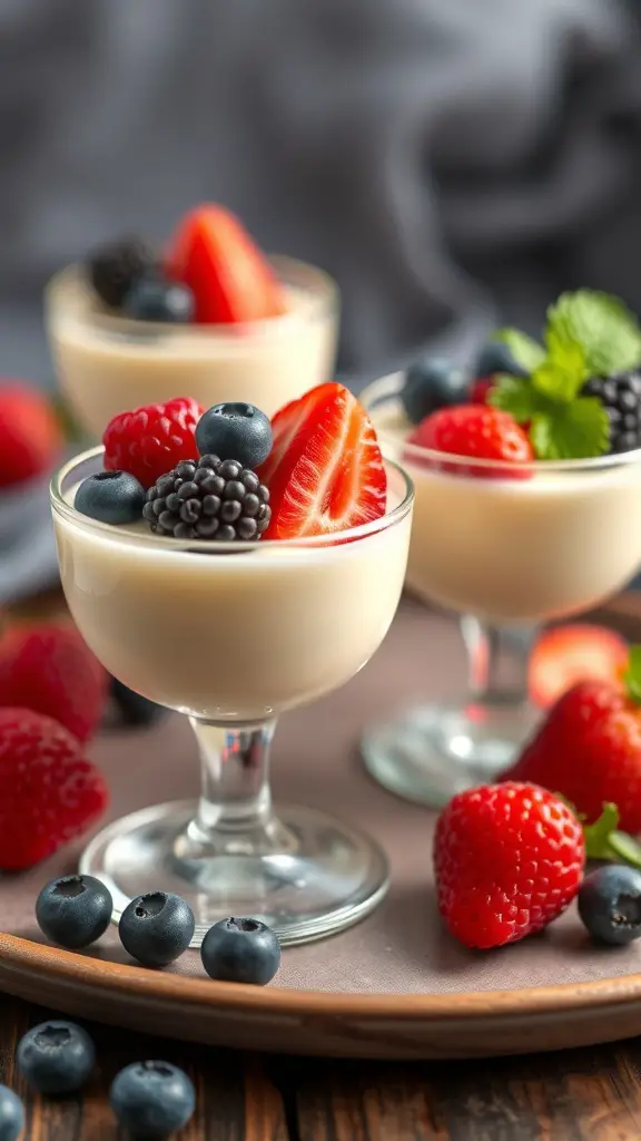 Three cups of vanilla bean panna cotta topped with fresh berries on a wooden table