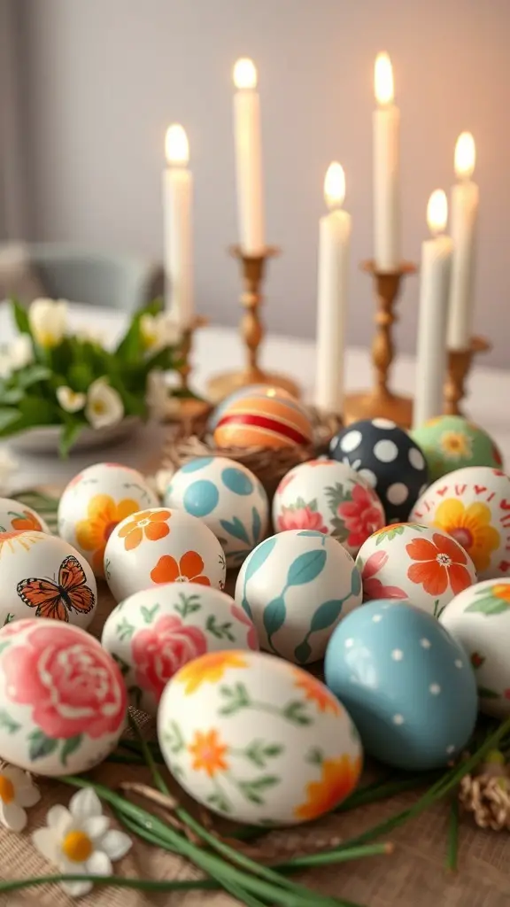 A display of hand-painted Easter eggs surrounded by candles and flowers.