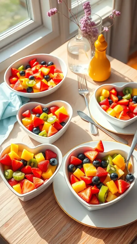Heart-shaped bowls filled with colorful rainbow fruit salad on a wooden table