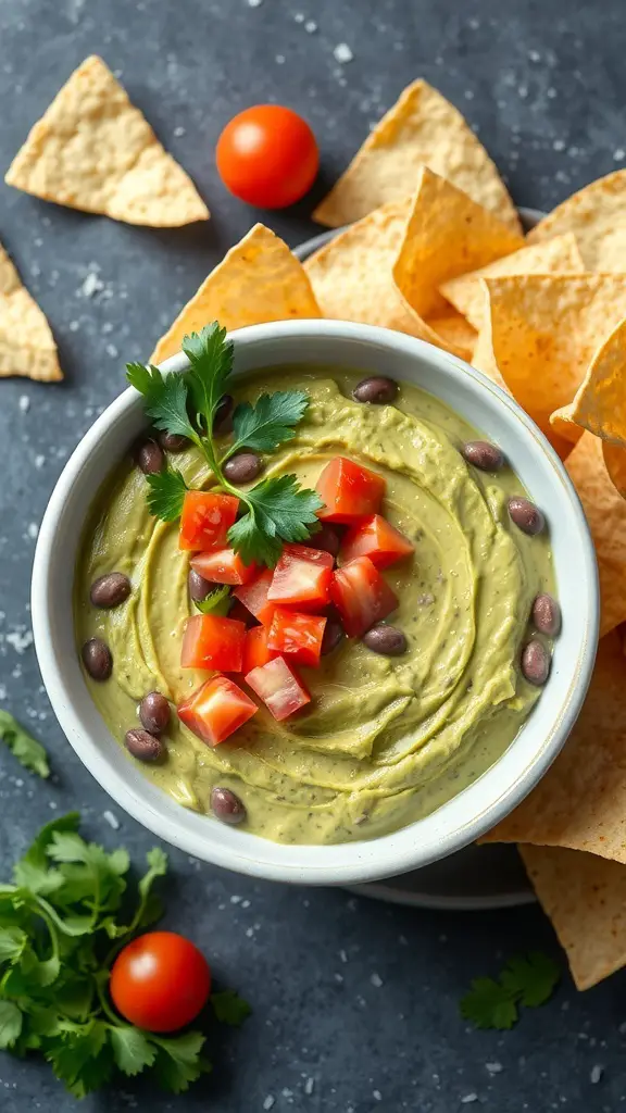 A bowl of avocado and black bean dip garnished with tomatoes and cilantro, surrounded by tortilla chips.