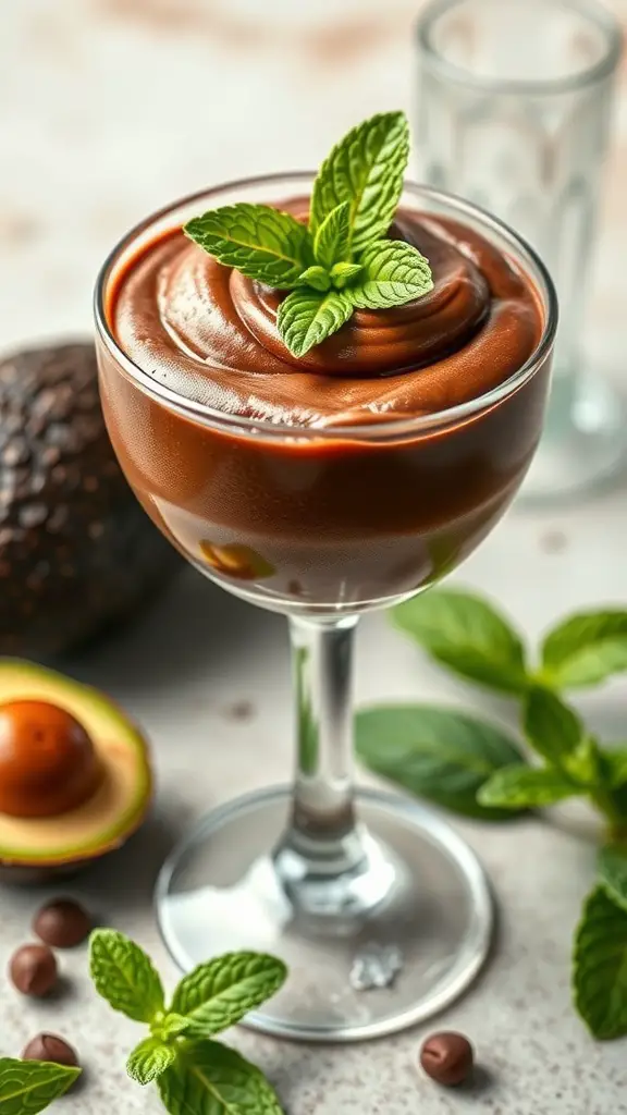 A glass of chocolate avocado mousse garnished with mint leaves, with an avocado in the background.