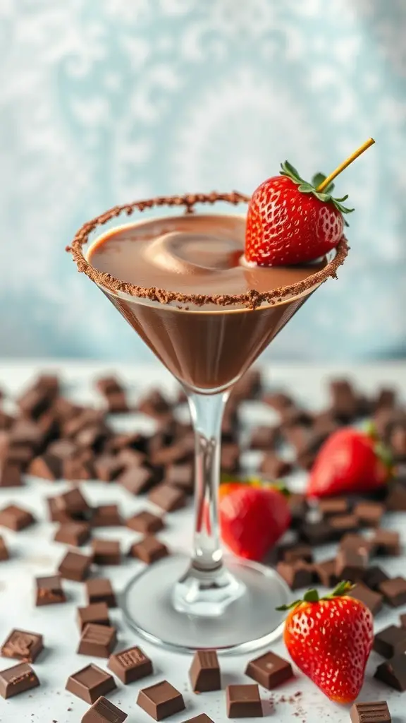 A Chocolate Covered Strawberry Martini with a fresh strawberry garnish and chocolate pieces scattered around
