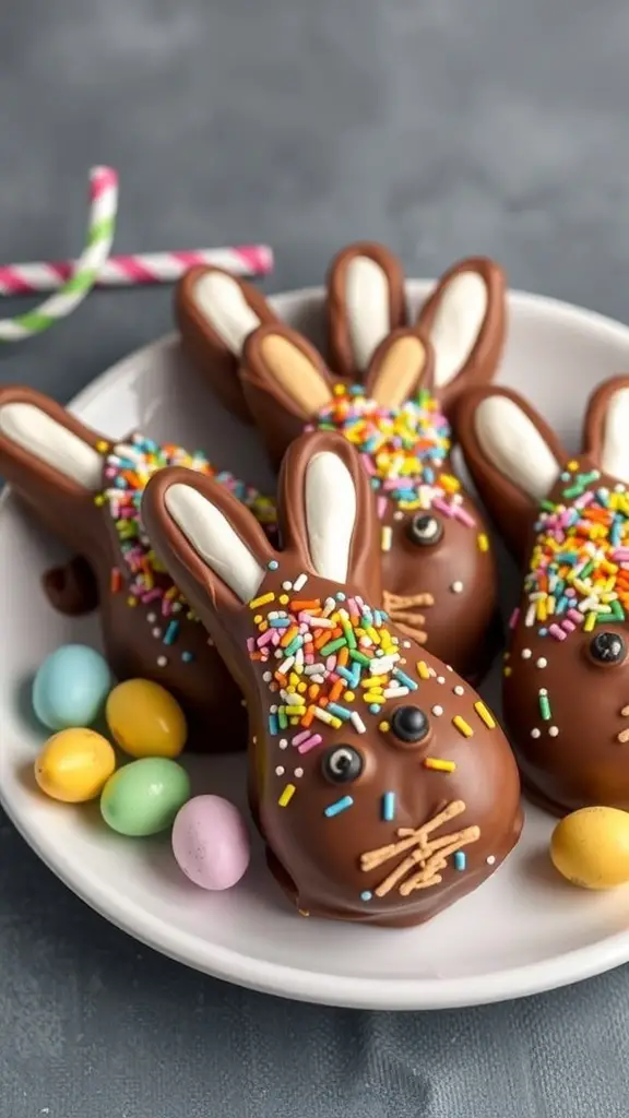 Chocolate-covered marshmallow bunnies decorated with sprinkles and candy eyes on a plate