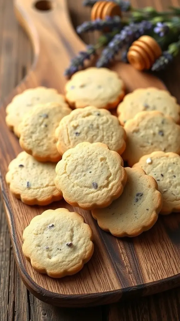 Lavender honey shortbread cookies arranged on a wooden board with lavender sprigs and honey