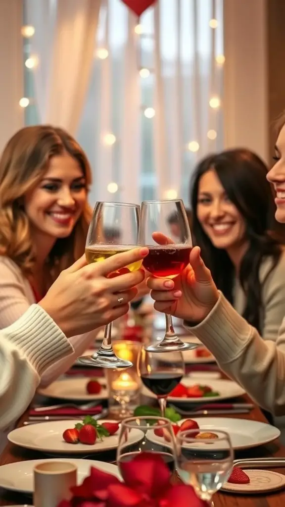 Friends toasting at a Galentine's dinner party