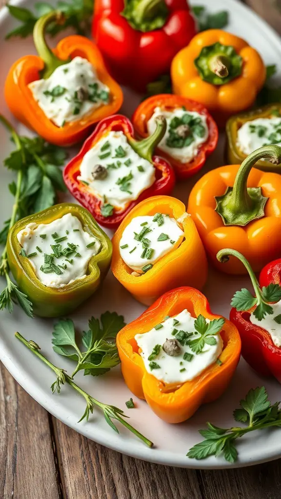 Colorful mini bell peppers stuffed with herbed goat cheese on a platter