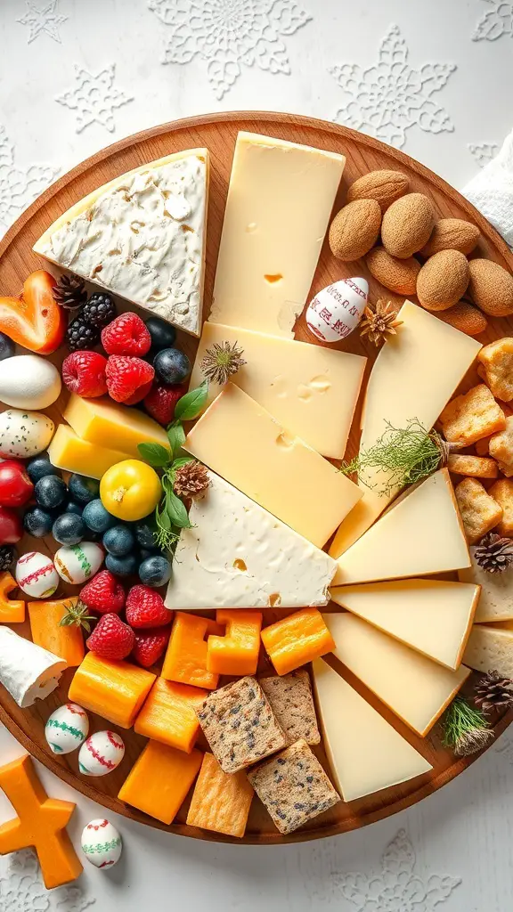 A festive Easter themed cheese board featuring various cheeses, fruits, nuts, and decorative eggs.