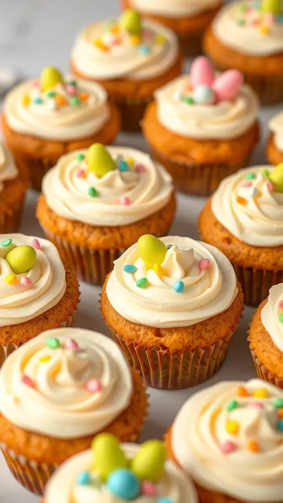 Carrot cake cupcakes topped with cream cheese frosting and colorful decorations