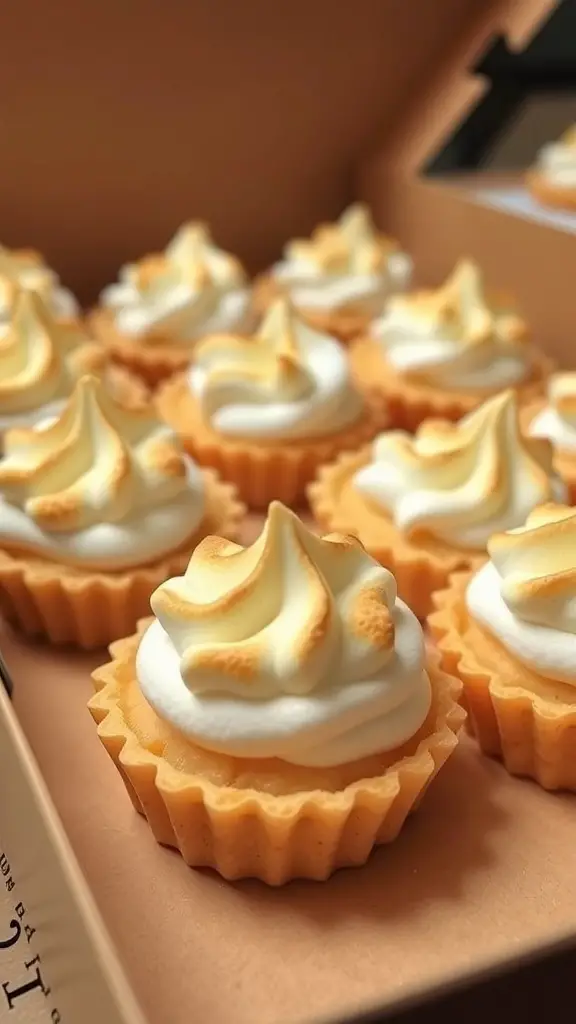 A box of lemon meringue tartlets with golden meringue peaks and a flaky crust.