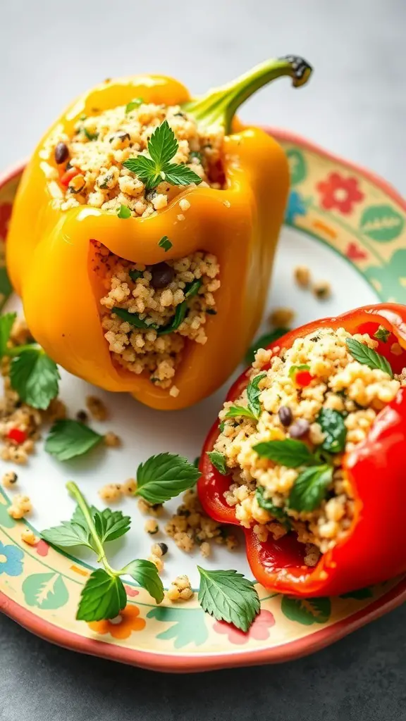 Stuffed bell peppers filled with quinoa and herbs on a decorative plate.
