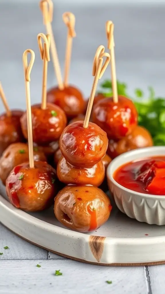 A plate of spicy Italian sausage bites with skewers and dipping sauce