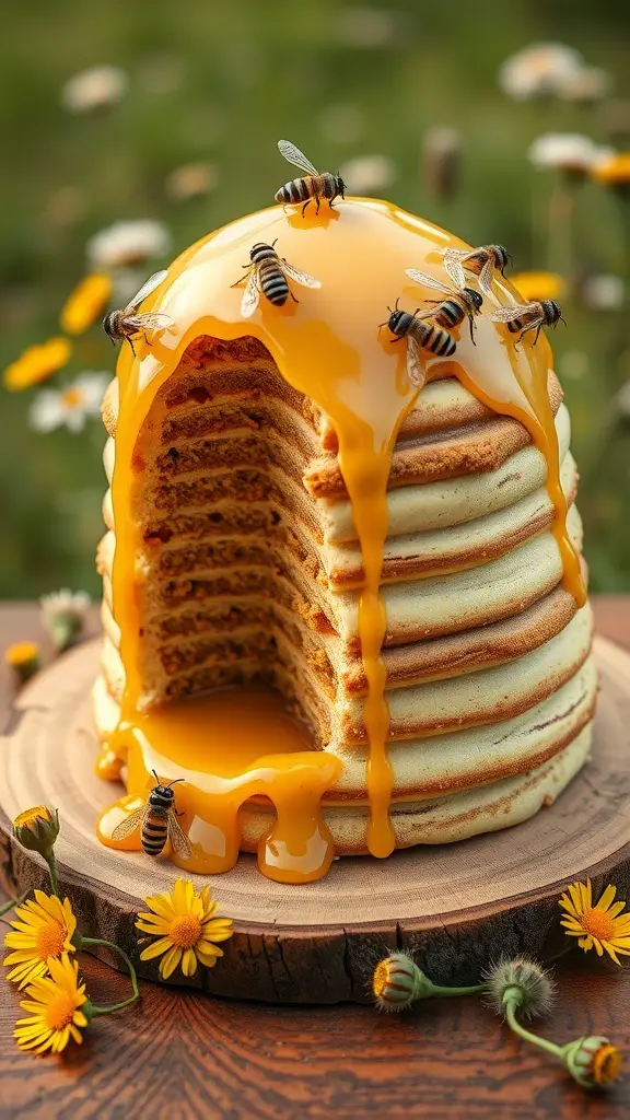 A beehive cake with honey dripping down, decorated with bees and surrounded by flowers.