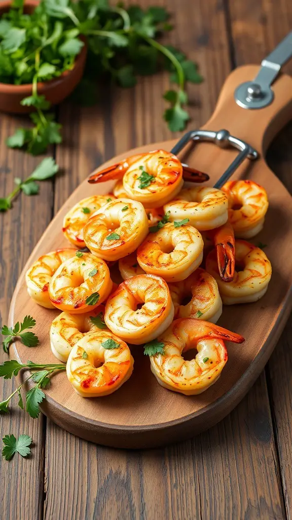 Grilled garlic butter shrimp skewers on a wooden platter