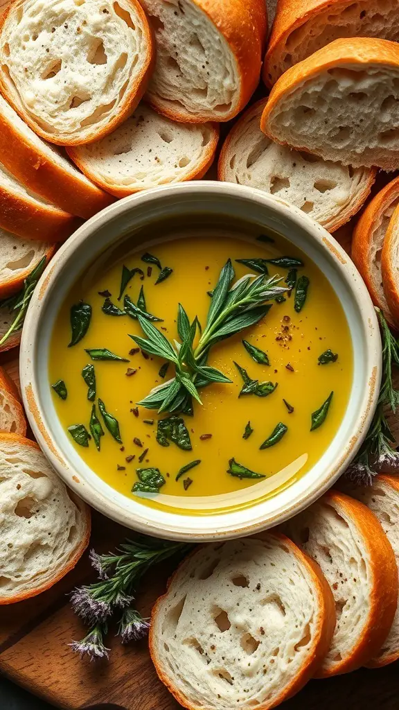 A bowl of herb-infused olive oil surrounded by slices of fresh bread.