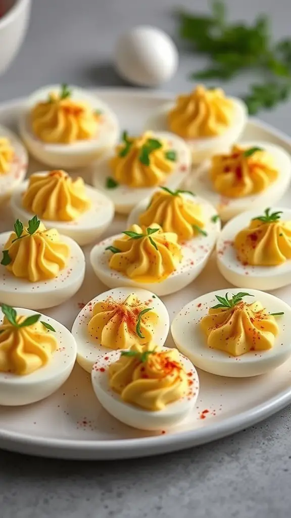 A platter of deviled eggs topped with smoked paprika and parsley.