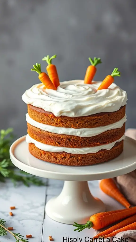 A layered carrot cake with cream cheese frosting and decorative carrot toppers on a white cake stand.